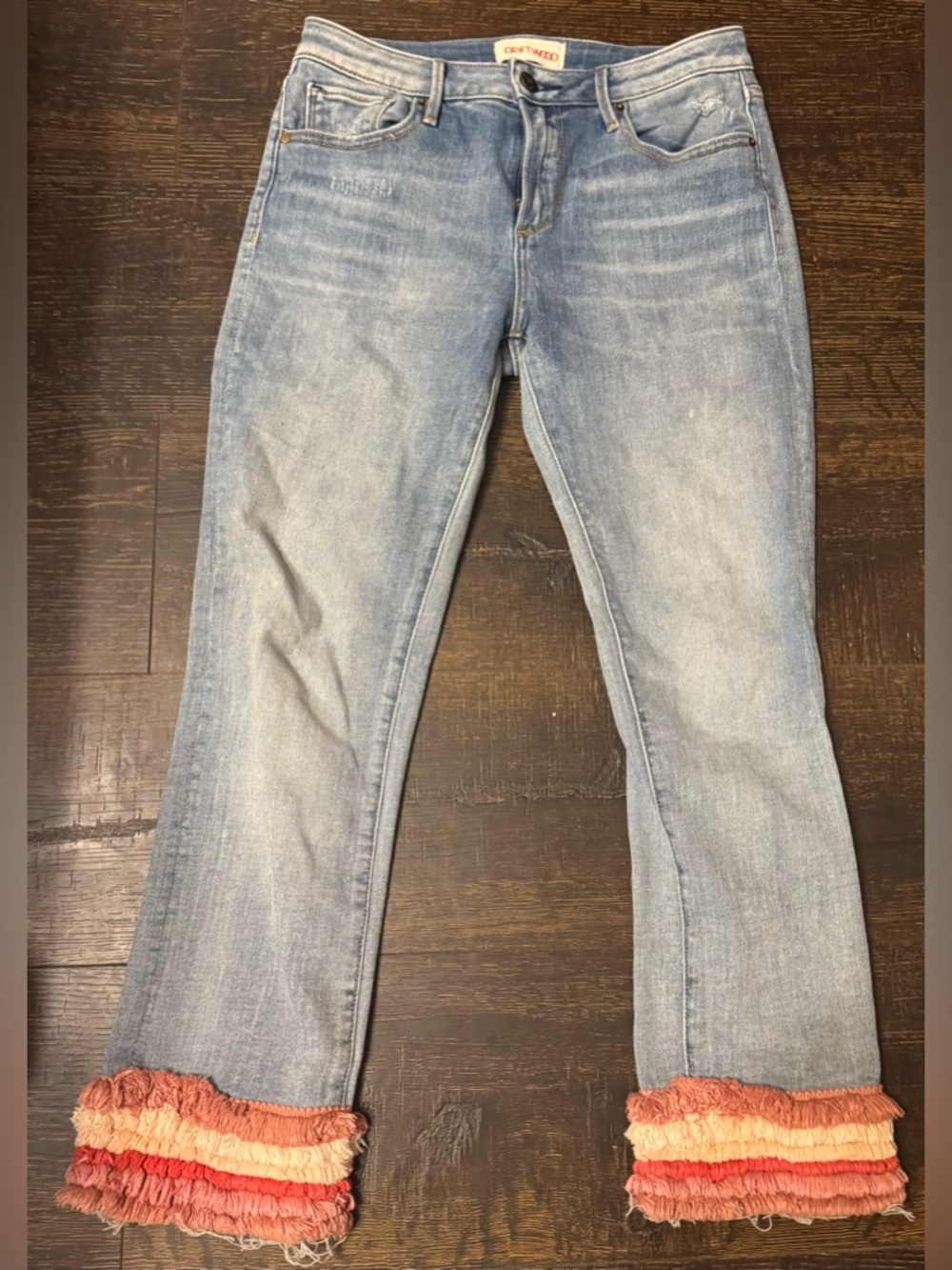 DRIFTWOOD Light Blue Cropped Flare Jeans with Coral & Peach Ruffle Cuffs